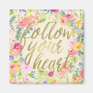 Íman Peach Pink Watercolor Floral Siga o seu coração