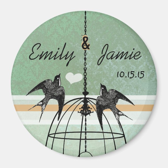 Íman Peapod Green Damask & Coral Birdcage Casamento (Frente)