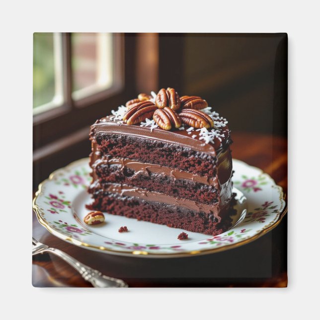 Íman Pedaço de Bolo de Chocolate num Prato Chique (Frente)