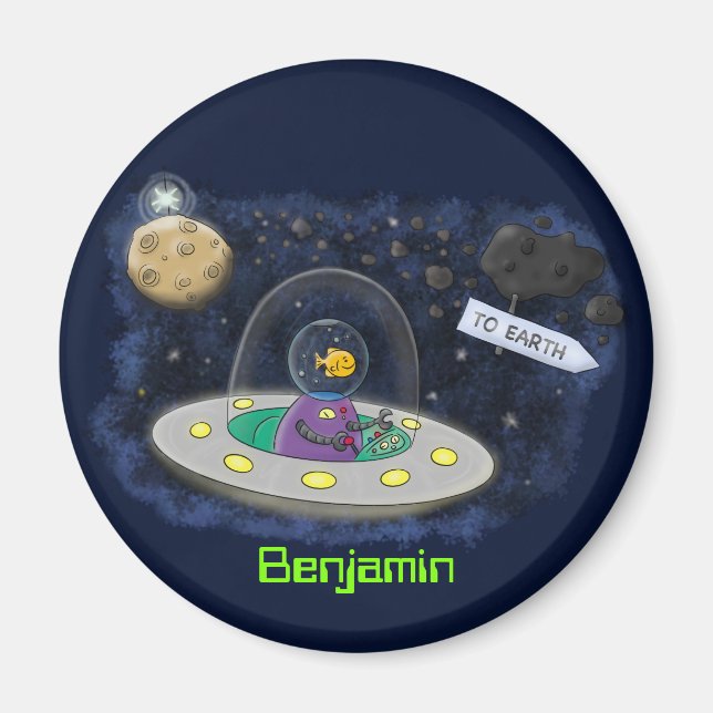 Íman Peixe feliz bonito com ilustração de desenho espac (Frente)