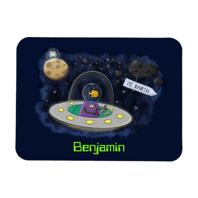 Íman Peixe feliz bonito com ilustração de desenho espac (Horizontal)