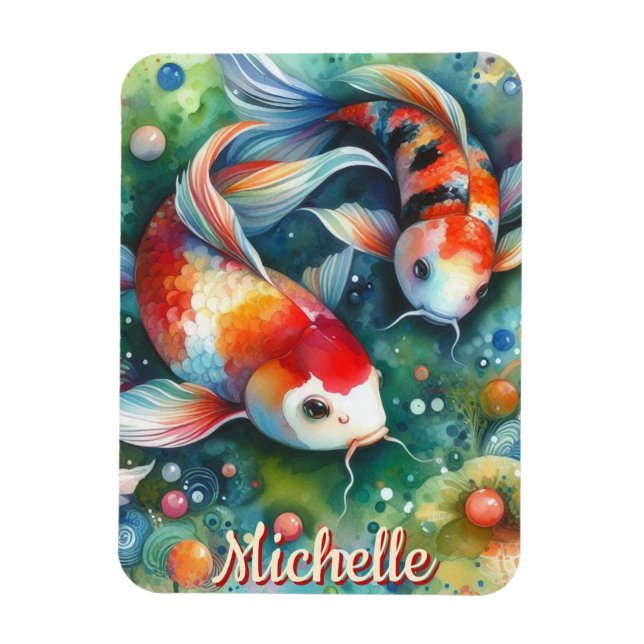 Íman Peixes Koi Caprichosos Aquarela Personalizada (Vertical)