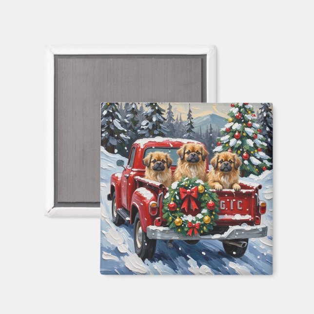 Íman Pekingese Christmas Red Truck Holiday (Front/Back)
