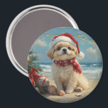 Íman Pekingese Dog Christmas Vintage Beach<br><div class="desc">Traga o calor dos feriados para a costa com esta charmosa design inspirada na vintagem, que apresenta um cão festivo sentado numa praia serena. Com um clássico toque de feriado de tons nostálgicos e vibrações costeiras, esta trabalho de arte captura a magia do Natal pelo mar. Perfeito para espalhar alegria...</div>