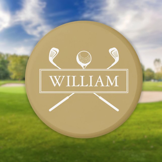 Íman Peles de Bola de Golfe com Nome Personalizado Dour (Gold And White Custom Name Golf Ball Clubs Magnet)