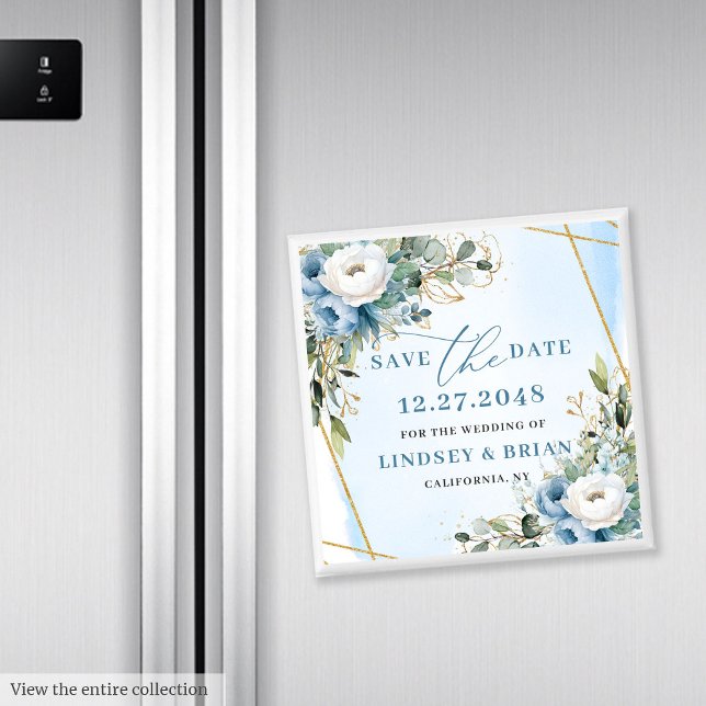 Íman Peônias Azuis Empoeiradas Modernas Ímã de Salvar a (Modern Dusty Blue Peonies Gold Save the Date Magnet)