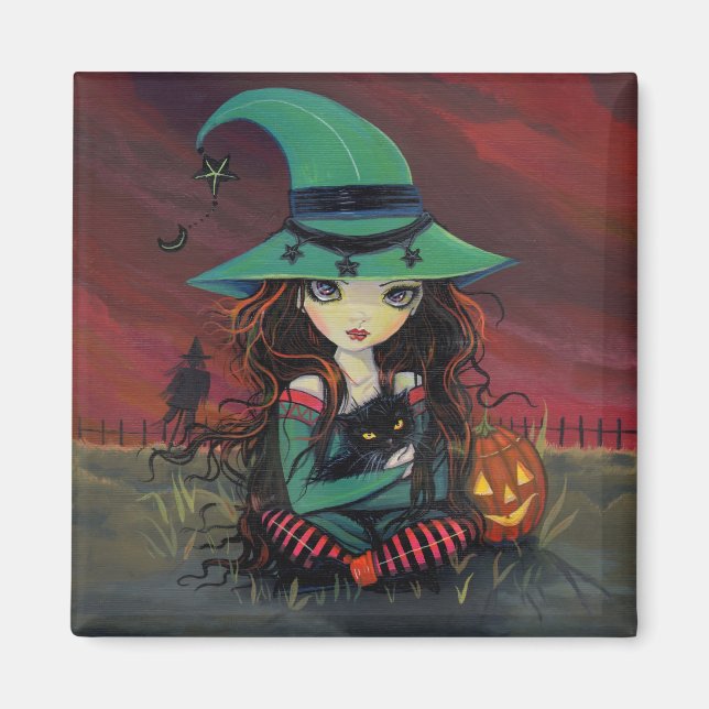 Íman Pequena Bruxa e Gato Preto Ímã de Halloween (Frente)