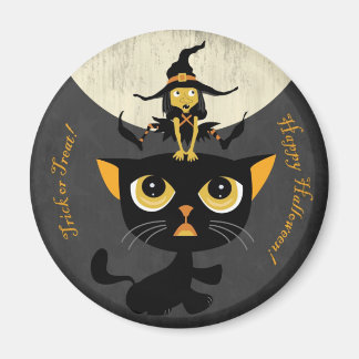 Íman Pequena Bruxa Jogando Sapo Salto com Gato Negro