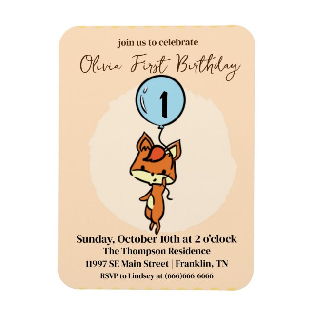 Íman Pequena Raposa com primeiro aniversario de balões (Vertical)