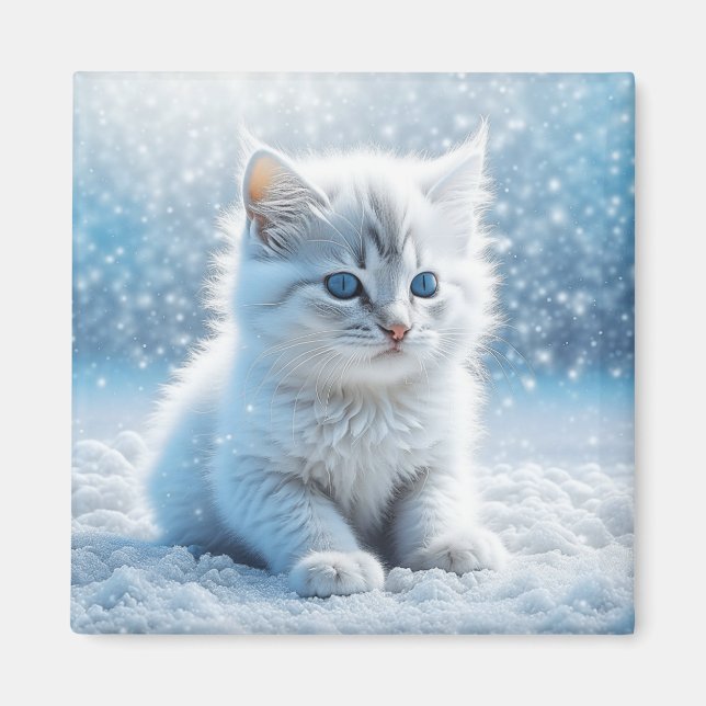 Íman Pequeno Gatinho Branco na Neve de Natal (Frente)
