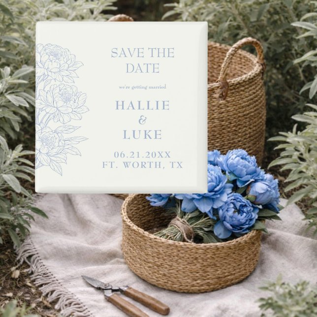 Íman Periwinkle Blue Peony Line Art Wedding Save Date (Criador carregado)