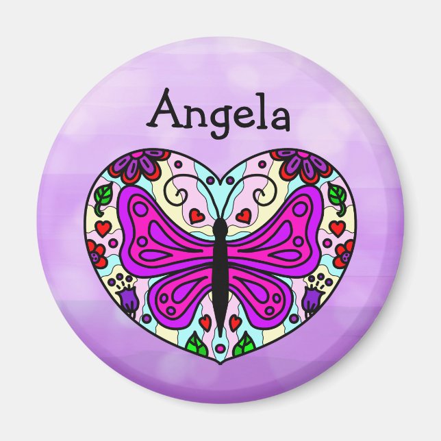 Íman Personalizada Borboleta Roxa Heart Mandala (Frente)