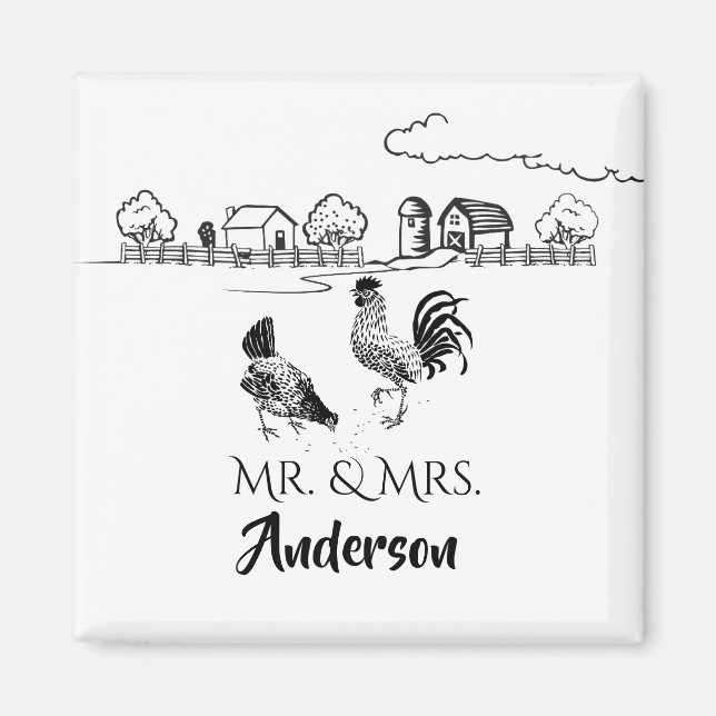 Íman Personalizado Sr. e Sra. Chickens Casamento de Faz (Frente)