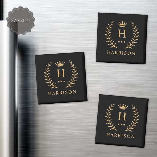 Íman Personalizar o nome e o monograma Dourado preto in (Customize Name & Initial Black White Gold Monogram Magnet)