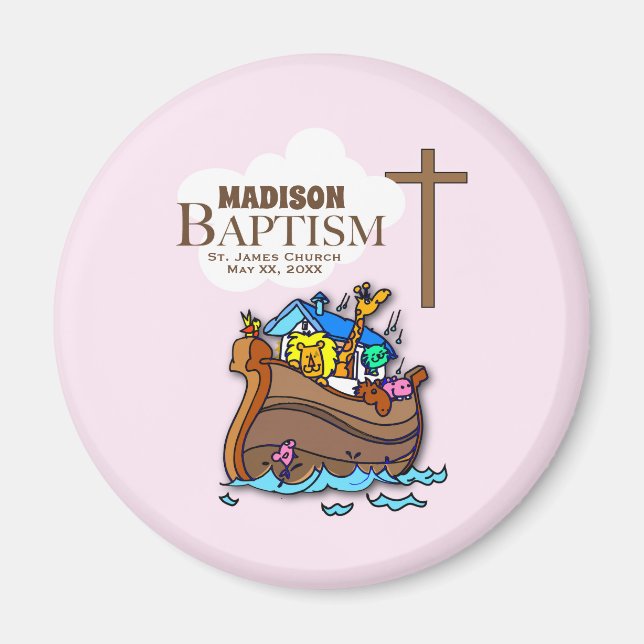 Íman Personalizável, Batismo de Menina Arca de Noé (Frente)