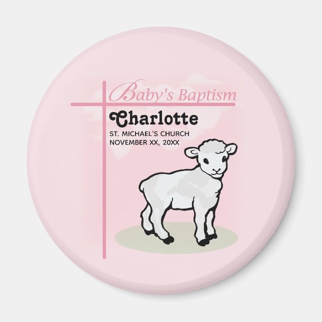 Íman Personalizável, Batismo, Rosa, Menina, Cordeiro (Frente)
