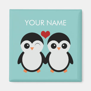 Íman personalizável de casal de pinguins