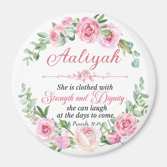 Íman Personalize Prov 31:25 Dia das Mães Rosa Rosa (Frente)