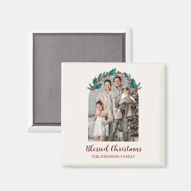 Íman Personalized Christmas Wreath Photo & Name Magnet (Front/Back)