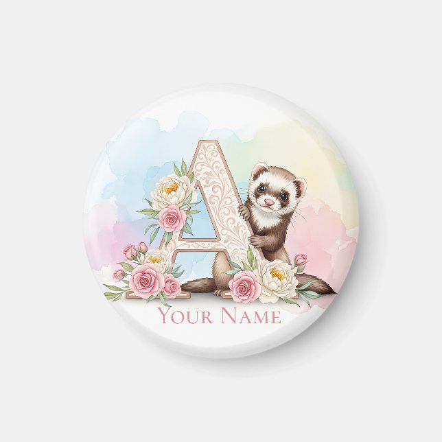 Íman Personalized Floral Monogram 'A' with Cute Ferret  (Frente)