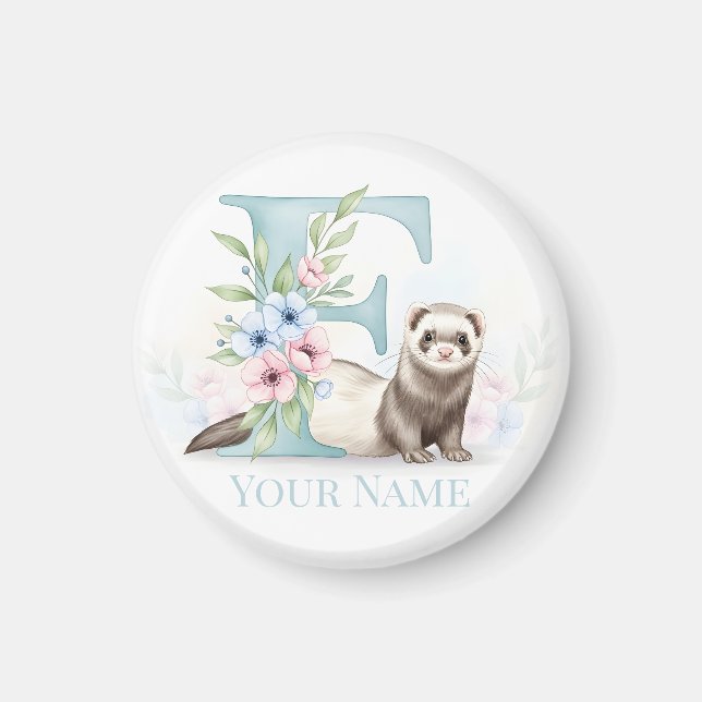 Íman Personalized Floral Monogram 'F' with Cute Ferret  (Frente)