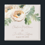Íman Pêssego Romântico Ranunculus na Costa do Marfim<br><div class="desc">Este romântico ímã personalizado floral apresenta um elegante fundo de cor de marfim com flores ranunculus de aquarela. No topo, figura um buquê delicado de pêssego e ranóculo branco. Os nomes de um casal recém-casado e a data do casamento são impressos abaixo. Você pode personalizar o ímã para incluir seus...</div>