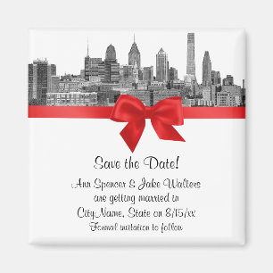 Íman Philadelphia Skyline Etch BW Vermelho Save the Dat