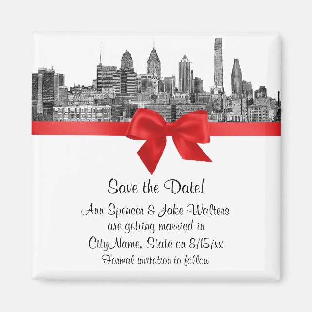 Íman Philadelphia Skyline Etch BW Vermelho Save the Dat (Frente)