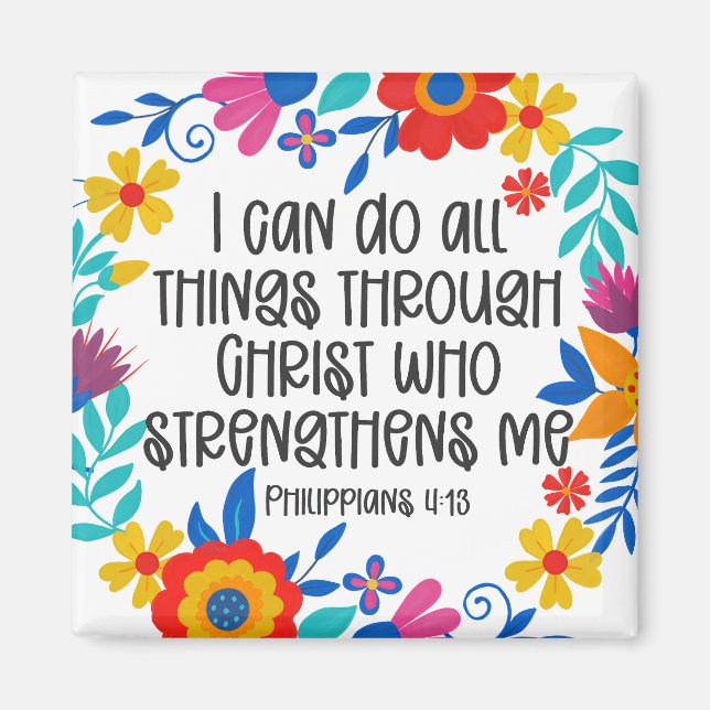 Íman Philippians 4:13 Escritura de Bíblia Folk Art Flor (Frente)