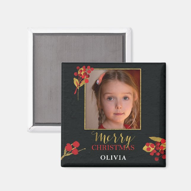 Íman Photo Customizable Christmas Card, Black Gold Red (Front/Back)