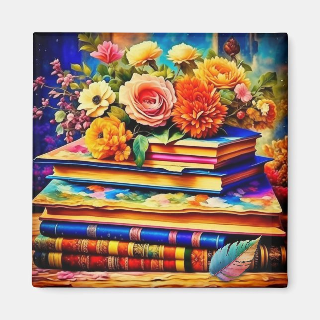 Íman Pilha de Livros Antigos e Flores (Frente)