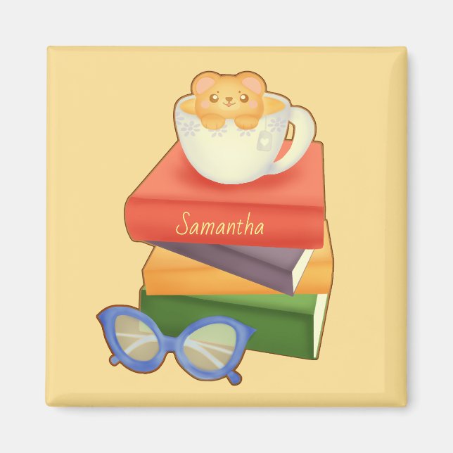 Íman Pilha De Livros E Urso De Taça De Chá (Frente)