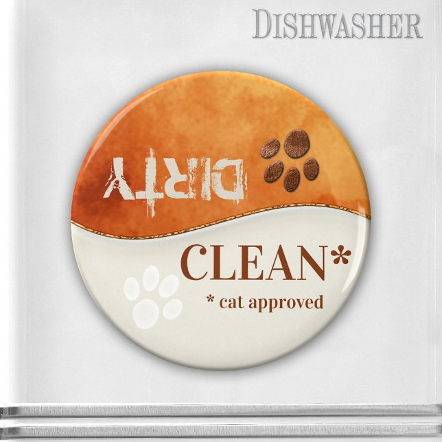 Íman Pinças de Gato Bonito Limpa Lâmina Suja (Clean-dirty dishwasher magnet featuring cute cat paws on a rustic brown and ivory background)