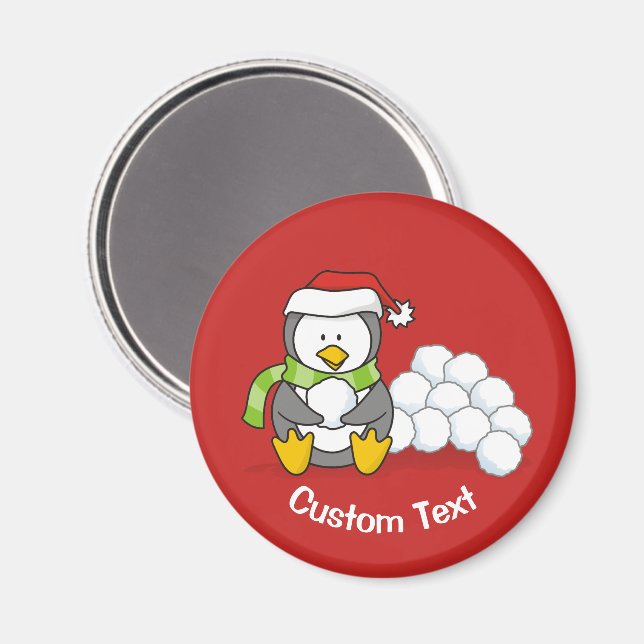 Íman Pinguim de Natal sentado com bolas de neve (Front/Back)