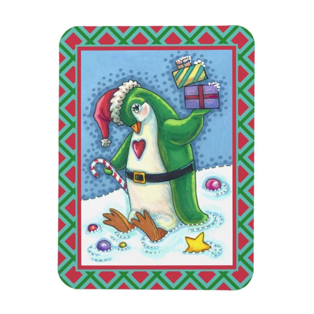 ÍMAN  PINGUIM NATAL CUTO VESTIDO EM VERDE, FERIADO (Vertical)