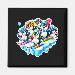 Íman Pinguins animados esquiando juntos em aventura na 