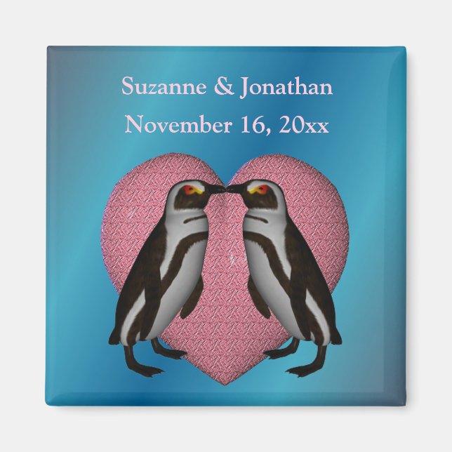 Íman Pinguins Beijando Presente de Casamento Personaliz (Frente)