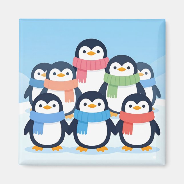Íman Pinguins Fofos Cachecol de Inverno Abraço em Grupo (Frente)