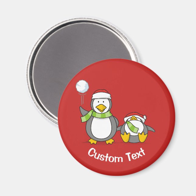 Íman Pinguins se atracando com bolas de neve no Natal (Front/Back)