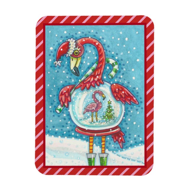 ÍMAN  PINK FLAMINGO WHITE CHRISTMAS SNOWGLOBE MAGNET (Vertical)