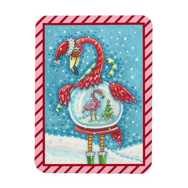 ÍMAN  PINK FLAMINGO WHITE CHRISTMAS SNOWGLOBE MAGNET (Vertical)