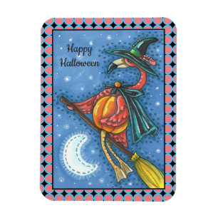 ÍMAN  PINK FLAMINGO WITCH, VOANDO SOBRE A LUA EM UM QUAR