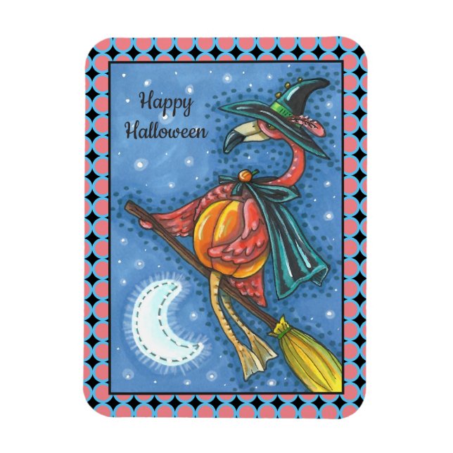 ÍMAN  PINK FLAMINGO WITCH, VOANDO SOBRE A LUA EM UM QUAR (Vertical)