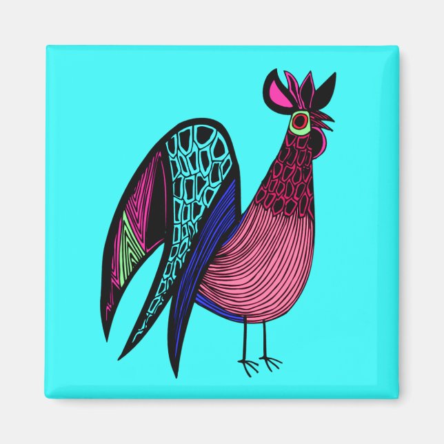 Íman Pink Folk Art Rooster (Frente)
