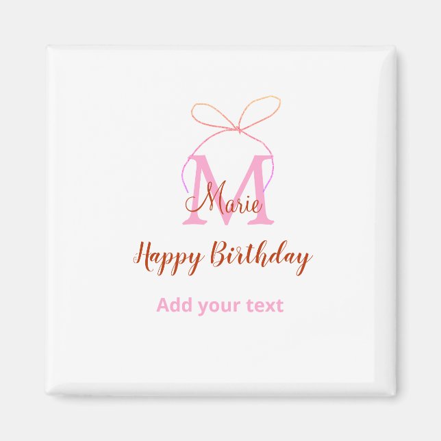 Íman Pink glitter bow add name letter monogram birthday (Frente)