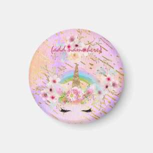 Íman Pink Gold Glitter Unicorn Face Rainbow Girls Gift