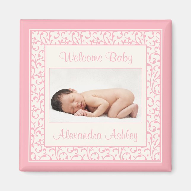 Íman Pink Ivory Floral Damask Baby Magnet (Frente)