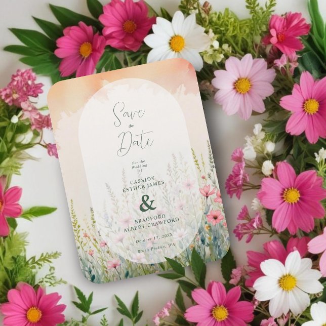 Íman Pink Shades Delicate Romantic Wildflowers Field (Pink Delicate Romantic Wildflowers Field Wedding Save the Dates Magnets.)