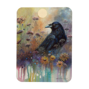 Íman Pintado à Mão Raven com Flores Selvagens