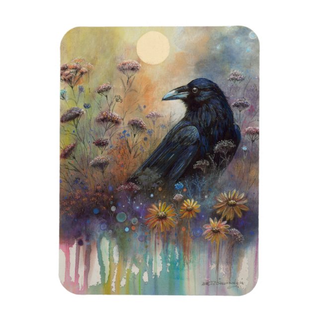 Íman Pintado à Mão Raven com Flores Selvagens (Vertical)